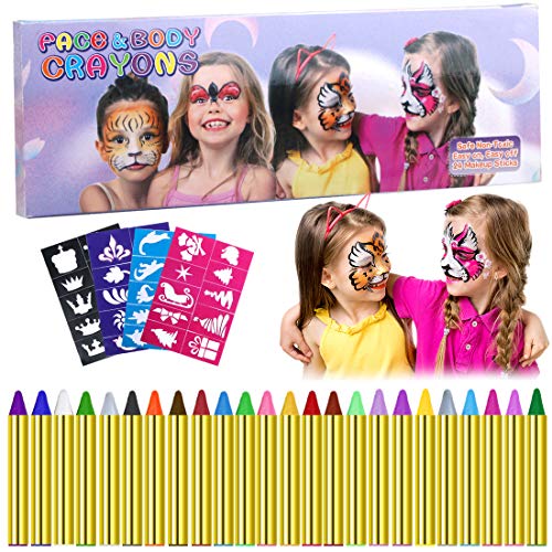 Emooqi Pintura Facial, 24 Colores Pintura de Cara Pintura Facial Pinturas Cara para Niños con 40 Plantillas,Ideal para Carnaval,Cosplay,Fiestas Temáticas Regalo