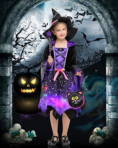 EOZY-Disfraz Halloween Niña Disfraz de Bruja para Niñas Disfraz de Cosplay Infantiles Incluido Vestido de Bruja y Sombrero de Bruja y Palo de Hadas y Bolsa de Dulces