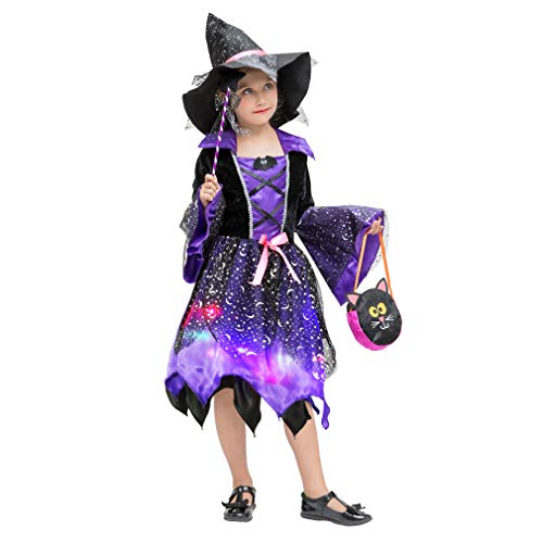 EOZY-Disfraz Halloween Niña Disfraz de Bruja para Niñas Disfraz de Cosplay Infantiles Incluido Vestido de Bruja y Sombrero de Bruja y Palo de Hadas y Bolsa de Dulces