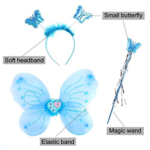 EQLEF Alas Hada Disfraz, Tutu and Wings Diadema Set Butterfly Wings Disfraz de Princesa de Hadas para niñas Disfraz de Fiesta Azul - Set de 4 (Azul)