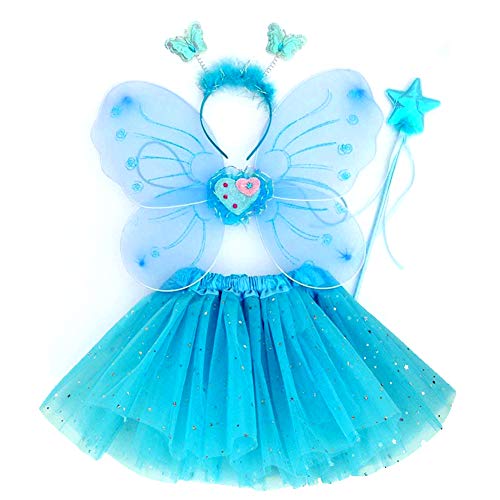 EQLEF Alas Hada Disfraz, Tutu and Wings Diadema Set Butterfly Wings Disfraz de Princesa de Hadas para niñas Disfraz de Fiesta Azul - Set de 4 (Azul)