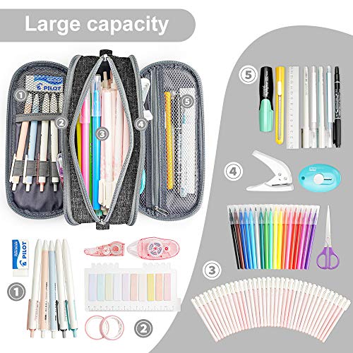 Estuche de Lápices de Gran Capacidad, Estuche Escolar con 3 Compartimentos Estuches Organizador Portalapices Neceser Maquillaje para Niñas Niños Adolescentes Estudiantes Adultos(Gris)