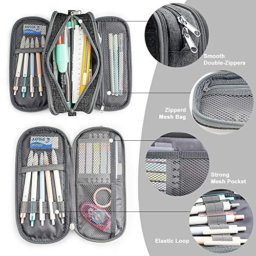 Estuche de Lápices de Gran Capacidad, Estuche Escolar con 3 Compartimentos Estuches Organizador Portalapices Neceser Maquillaje para Niñas Niños Adolescentes Estudiantes Adultos(Gris)