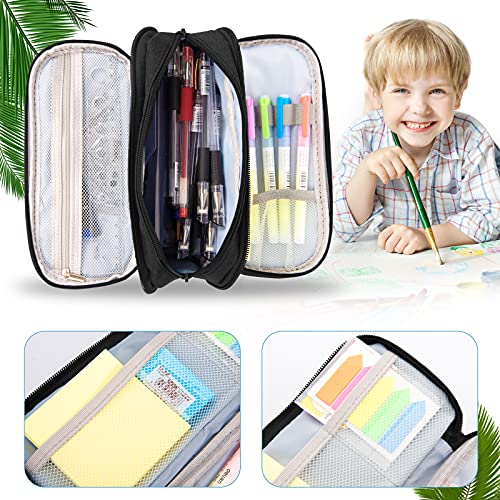 Estuche Escolar Negro 3 Compartimentos , Estuches de Lápices de Gran Capacidad Estuche Organizador Portalapices Neceser Maquillaje para Niñas Niños Adolescentes Estudiantes Adultos