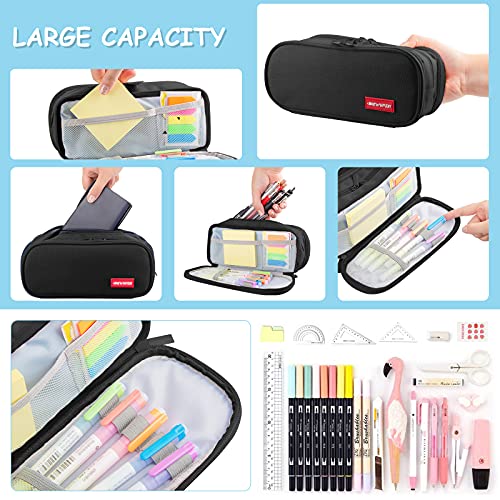 Estuche Escolar Negro 3 Compartimentos , Estuches de Lápices de Gran Capacidad Estuche Organizador Portalapices Neceser Maquillaje para Niñas Niños Adolescentes Estudiantes Adultos