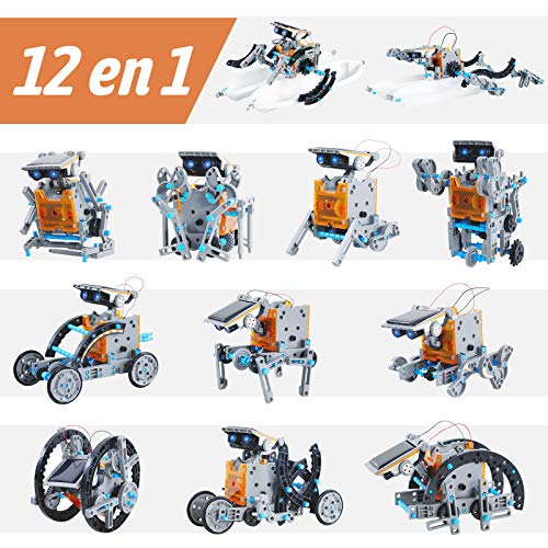 Faburo Robot juguete infantil STEM juguete educativo solar, 190 piezas 12 en 1, kit de construcción robots solares + 8 bots adhesivos robot juguete para niños de 8 a 12 años