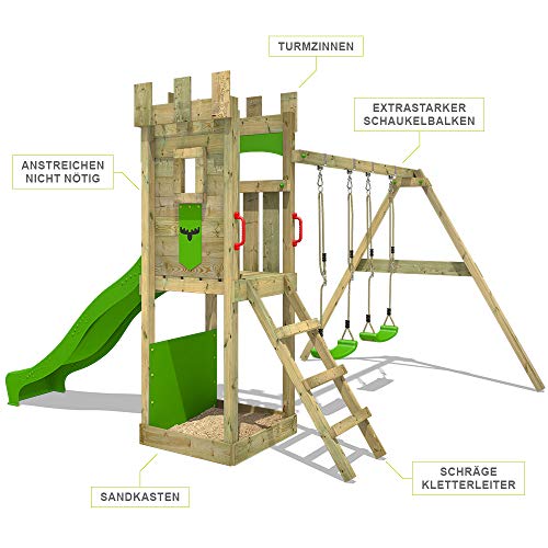 FATMOOSE Parque infantil de madera TreasureTower con columpio y tobogán manzana verde, Torre de escalada de exterior con arenero y escalera para niños