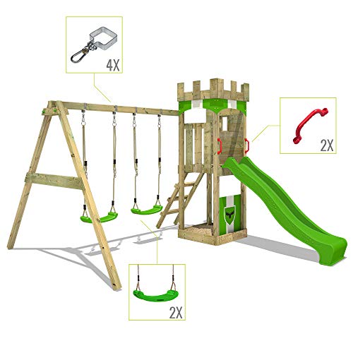 FATMOOSE Parque infantil de madera TreasureTower con columpio y tobogán manzana verde, Torre de escalada de exterior con arenero y escalera para niños