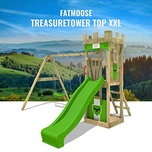 FATMOOSE Parque infantil de madera TreasureTower con columpio y tobogán manzana verde, Torre de escalada de exterior con arenero y escalera para niños