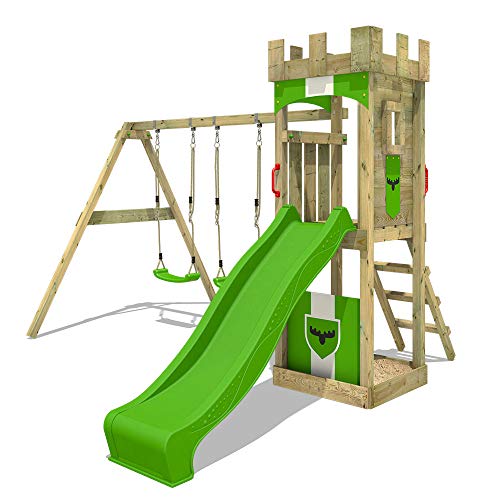 FATMOOSE Parque infantil de madera TreasureTower con columpio y tobogán manzana verde, Torre de escalada de exterior con arenero y escalera para niños