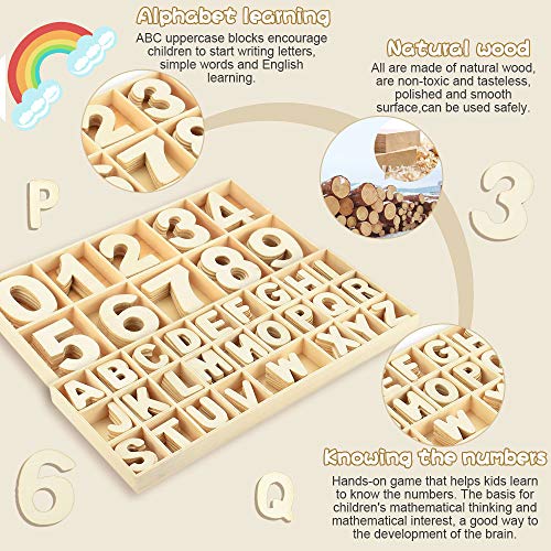 FAVENGO 216 Pcs Letras Mayúsculas Madera y Numero de Madera Letras de Madera Decorativas y Numero del 0 al 9 Letras Mayúsculas 26 Alfabeto Madera para Decorar Enseñar Niños Manualidades con Bandeja