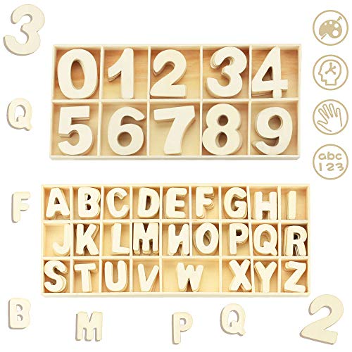 FAVENGO 216 Pcs Letras Mayúsculas Madera y Numero de Madera Letras de Madera Decorativas y Numero del 0 al 9 Letras Mayúsculas 26 Alfabeto Madera para Decorar Enseñar Niños Manualidades con Bandeja