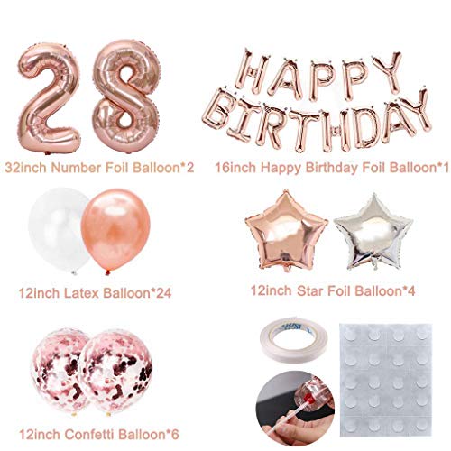 Feelairy 28 año Cumpleaños Globos Decoración Kit Oro Rosa, Happy Birthday Banner Globo Carta, Globos de Papel Aluminio Gigante Número 28 y Estrella Globos, Cumpleaños 28 para Mujer