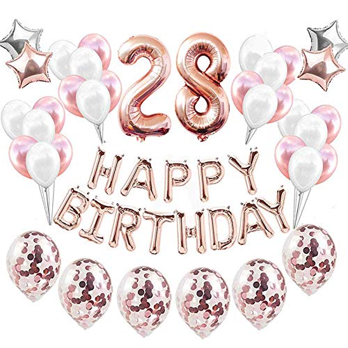 Feelairy 28 año Cumpleaños Globos Decoración Kit Oro Rosa, Happy Birthday Banner Globo Carta, Globos de Papel Aluminio Gigante Número 28 y Estrella Globos, Cumpleaños 28 para Mujer