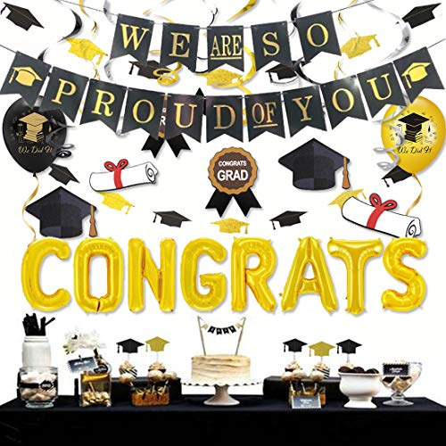 Felicitaciones Globo Graduación Fiestas Decoraciones 2021 con Estamos tan orgullosos de ti Banner, Graduación Bunting Black and Gold, We Did It Balloon