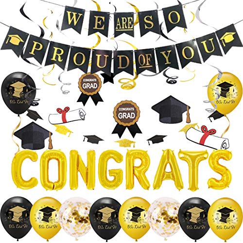 Felicitaciones Globo Graduación Fiestas Decoraciones 2021 con Estamos tan orgullosos de ti Banner, Graduación Bunting Black and Gold, We Did It Balloon