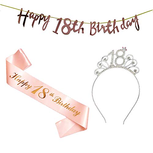 Feliz 18 Cumpleaños Banda Oro Rosa Corona Cumpleaños 18 Años Sash 18th Diadema Tiara Cristal Cumpleaños Faja de Satén Cumpleaños Decoración Accesorios Regalos Kit para Cumpleaños