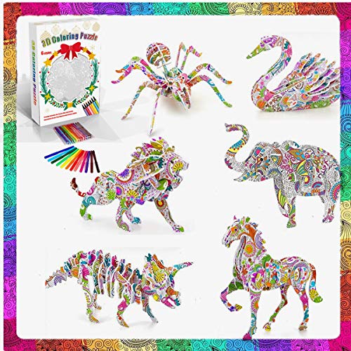 Felly Puzzle 3D Niños, Manualidades Niñas 6 7 8 Años, Puzzle de Pintura con 6 Animales y 24 Rotuladores, Juguetes para Niños Juegos Regalos de Cumpleaños para Niñas y Adolescentes 9 10 11 12 Años