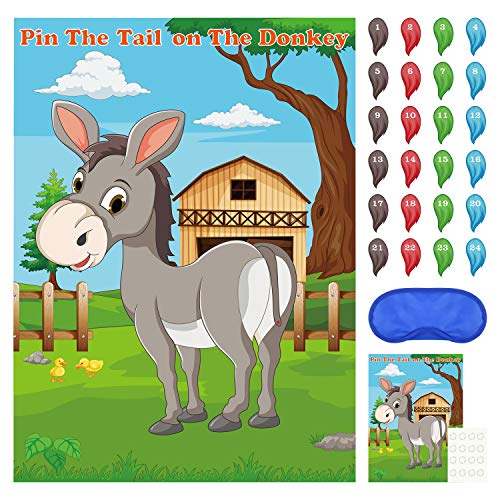 FEPITO Pin The Tail en el Juego de Fiesta de Burro con 24 Piezas de Colas para Decoraciones de Fiesta de cumpleaños para niños, Suministros de Fiesta de Carnaval de Circo