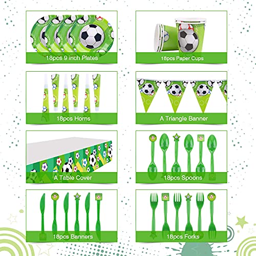 Fiesta Fútbol, INPHER Vajilla Fiesta Fútbol,120 Piezas Artículos Fiestas Cubierto para Cumpleaños Incluye Trompeta, Globos, Mantel, Cucharas,Tenedores,Cuchillos, Platos, Vasos para 18 Invitados