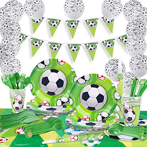 Fiesta Fútbol, INPHER Vajilla Fiesta Fútbol,120 Piezas Artículos Fiestas Cubierto para Cumpleaños Incluye Trompeta, Globos, Mantel, Cucharas,Tenedores,Cuchillos, Platos, Vasos para 18 Invitados