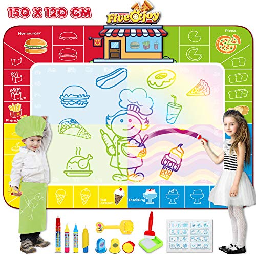 Fivejoy Agua Dibujo Pintura, 150x120cm Agua Dibujo Doodle Niños, Estera de Agua Dibujo Doodle con Figura de Comidas y bebidas y Libro de Tutorial Juguete Educativo para Niño Regalo Ideal de Cumpleaños