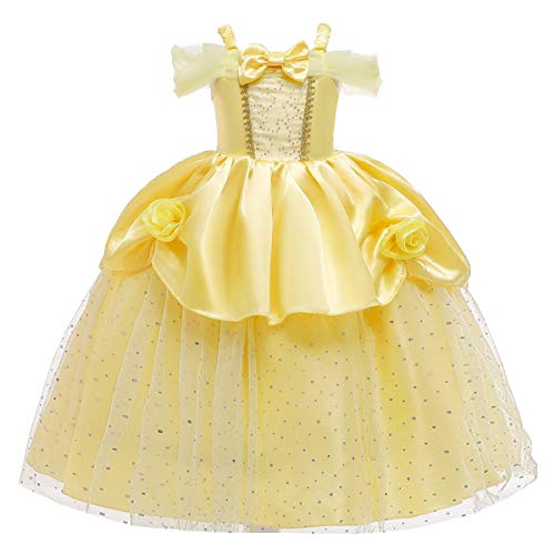 FMYFWY Niñas Vestidos de Belle Disfraz de Carnaval Princesa Cumpleaños Traje de Halloween Navidad Ceremonia Aniversario Bautizo Fiesta de Cosplay Bella y Bestia Costume con Accesorios 5-6