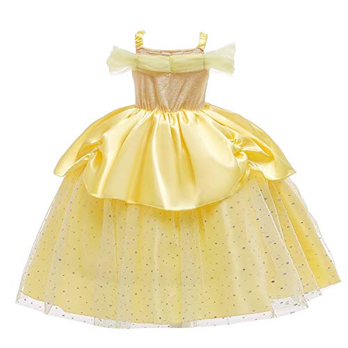 FMYFWY Niñas Vestidos de Belle Disfraz de Carnaval Princesa Cumpleaños Traje de Halloween Navidad Ceremonia Aniversario Bautizo Fiesta de Cosplay Bella y Bestia Costume con Accesorios 5-6