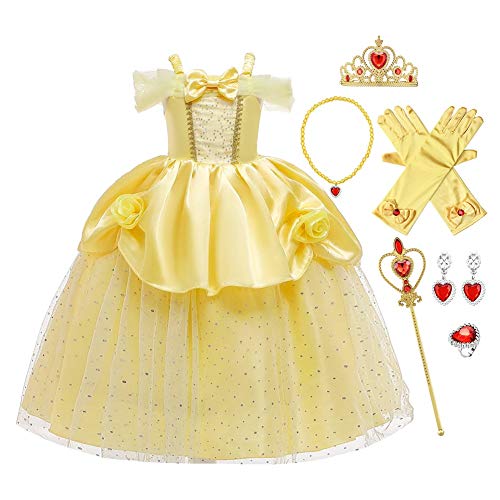 FMYFWY Niñas Vestidos de Belle Disfraz de Carnaval Princesa Cumpleaños Traje de Halloween Navidad Ceremonia Aniversario Bautizo Fiesta de Cosplay Bella y Bestia Costume con Accesorios 5-6