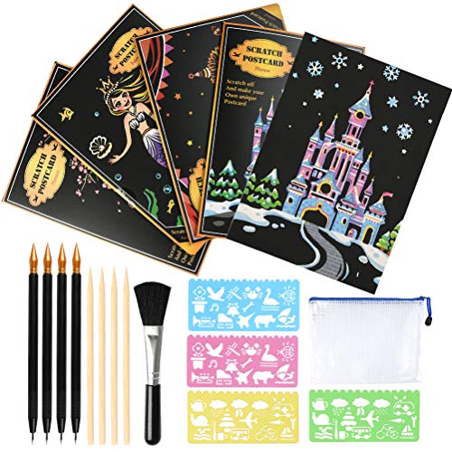 FOCCTS 20*14cm,30Pcs Juego de Rascar,Papel para Rascar,Kit de Pintura Mágica para Rascar,con Herramientas de Dibujo,Bolsa de Papelería