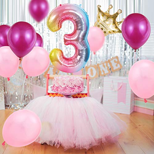 Foil Globo Número 3 Rosa, 3er Cumpleaños Globos, Feliz Cumpleaños Decoración Globos 3 Años Niñas, Arco Iris Globos de Número 3, Globos Numeros para Cumpleaños, Fiesta, Decoración