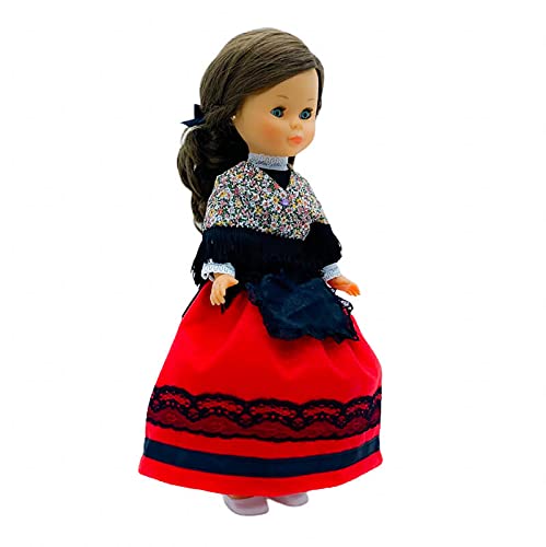 Folk Artesanía Set Vestido Regional típico Alcarreña La Alcarria Guadalajara, Delantal, mantón y Percha para muñeca Nancy, Sintra, Mina, Noa. Muñeca no incluida. Fabricado en España.