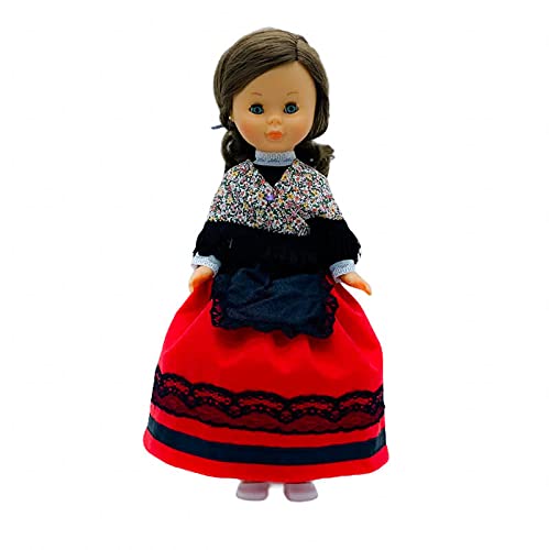 Folk Artesanía Set Vestido Regional típico Alcarreña La Alcarria Guadalajara, Delantal, mantón y Percha para muñeca Nancy, Sintra, Mina, Noa. Muñeca no incluida. Fabricado en España.