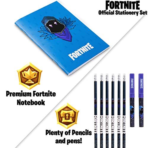 Fortnite Set Papeleria para Niños, Incluye Estuche Escolar Cuaderno A6 Lapices y Boligrafos, Material Escolar de Calidad, Regalos Cumpleaños Niños Colegio (Raven)