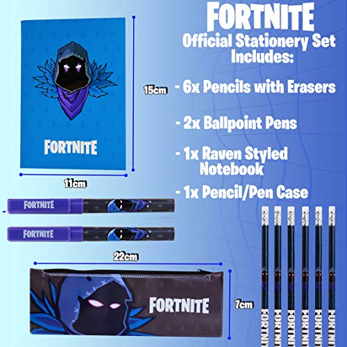 Fortnite Set Papeleria para Niños, Incluye Estuche Escolar Cuaderno A6 Lapices y Boligrafos, Material Escolar de Calidad, Regalos Cumpleaños Niños Colegio (Raven)