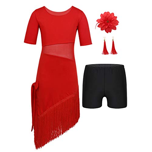 Freebily 4Pcs Vestido Irregular de Borlas para Niñas Danza Tango Latina Rumba Samba Salsa Baile de Salón Maillots Ballet Gimnasia Traje de Competición Baile Niñas Rojo 5-6 años