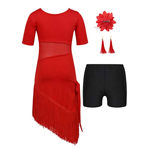 Freebily 4Pcs Vestido Irregular de Borlas para Niñas Danza Tango Latina Rumba Samba Salsa Baile de Salón Maillots Ballet Gimnasia Traje de Competición Baile Niñas Rojo 5-6 años