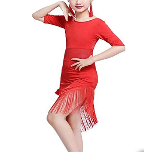 Freebily 4Pcs Vestido Irregular de Borlas para Niñas Danza Tango Latina Rumba Samba Salsa Baile de Salón Maillots Ballet Gimnasia Traje de Competición Baile Niñas Rojo 5-6 años