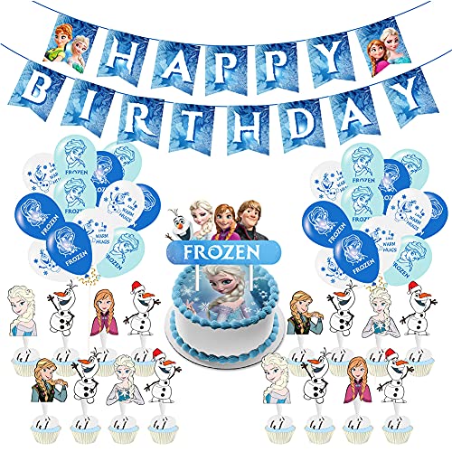 Frozen Fiesta Cumpleaños Decoración Hilloly 37Pcs Decoraciones de Cumpleaños para Niños Congelado Pancarta de Cumpleaños Baby Shower Decoraciones de Fondo Princesa Adornos Tartas Globo