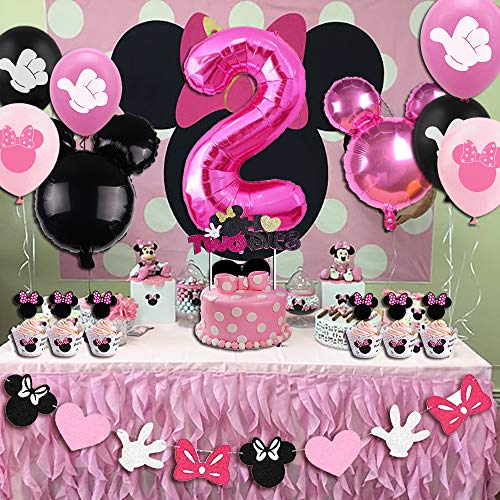 Funmemoir Minnie 2nd Birthday Decoraciones para niñas Minnie Oh Twodles Banner Globos Decoración para Tarta para Minnie Birthday Party Supplies 2 años