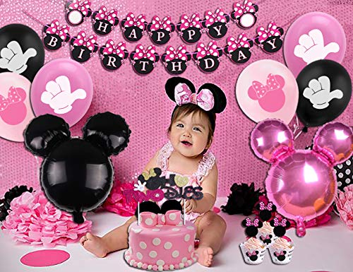 Funmemoir Minnie 2nd Birthday Decoraciones para niñas Minnie Oh Twodles Banner Globos Decoración para Tarta para Minnie Birthday Party Supplies 2 años