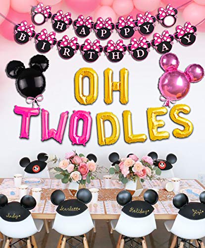 Funmemoir Minnie 2nd Birthday Decoraciones para niñas Minnie Oh Twodles Banner Globos Decoración para Tarta para Minnie Birthday Party Supplies 2 años