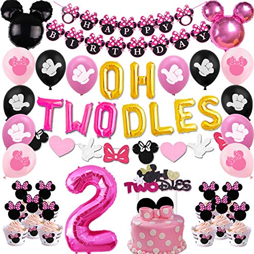 Funmemoir Minnie 2nd Birthday Decoraciones para niñas Minnie Oh Twodles Banner Globos Decoración para Tarta para Minnie Birthday Party Supplies 2 años