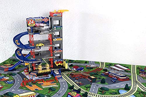 Garaje de Aparcamiento Kit Juego con Colchoneta, Coches y Muchos Accesorios i Infantil para Parking Garage Incl. 6 Juguete Playset Gasolinera, Ascensor, Lavado Taller