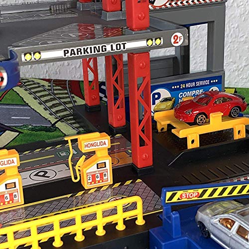 Garaje de Aparcamiento Kit Juego con Colchoneta, Coches y Muchos Accesorios i Infantil para Parking Garage Incl. 6 Juguete Playset Gasolinera, Ascensor, Lavado Taller