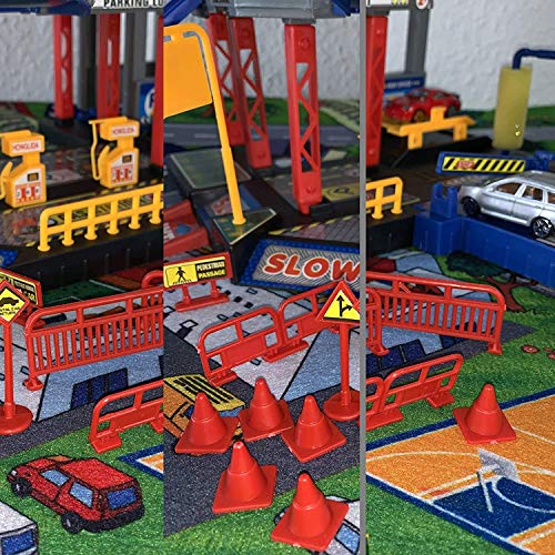 Garaje de Aparcamiento Kit Juego con Colchoneta, Coches y Muchos Accesorios i Infantil para Parking Garage Incl. 6 Juguete Playset Gasolinera, Ascensor, Lavado Taller