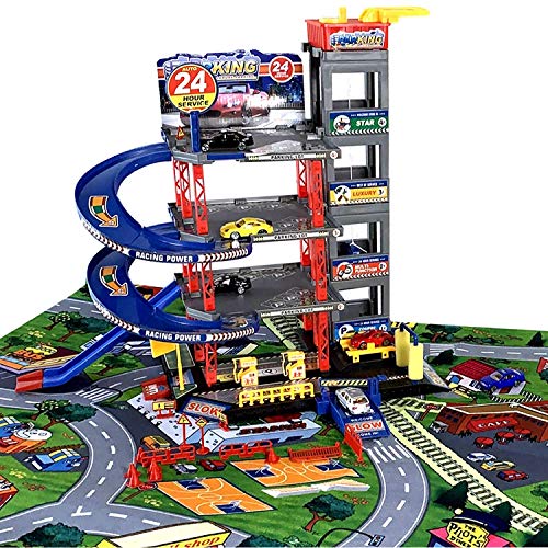 Garaje de Aparcamiento Kit Juego con Colchoneta, Coches y Muchos Accesorios i Infantil para Parking Garage Incl. 6 Juguete Playset Gasolinera, Ascensor, Lavado Taller