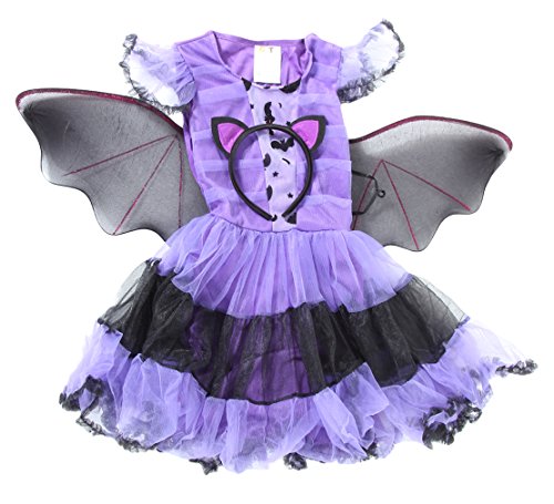 GEMVIE Disfraz de murciélago morado vestido de niña disfraz de princesa disfraz de Halloween niña con alas carnaval Cosplay 3-12 años (10-12 años)