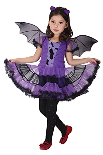 GEMVIE Disfraz de murciélago morado vestido de niña disfraz de princesa disfraz de Halloween niña con alas carnaval Cosplay 3-12 años (10-12 años)