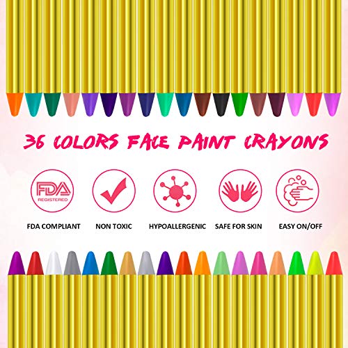 Gifort Pinturas Cara para Niños, 36 Colores Pintura Facial crayones de Pintura Carnaval para Halloween, Fiestas, Semana Santa, Cosplay, Fiestas Temáticas